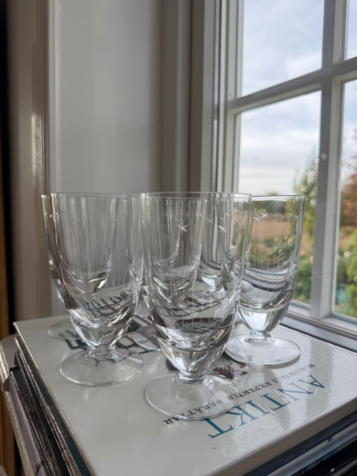 7 st glas på fot med slipat mönster