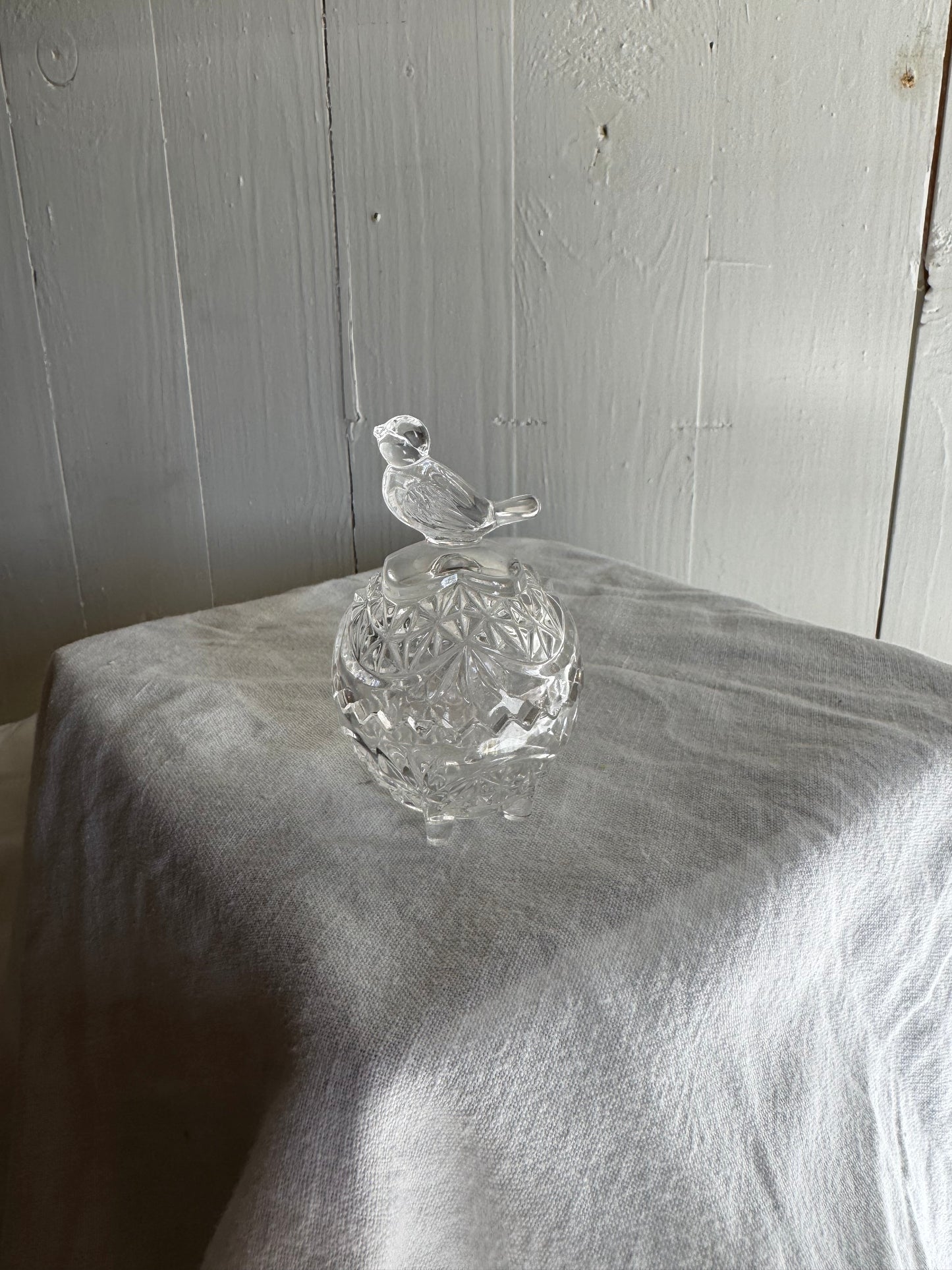 Saltskål på fot i glas med fågel