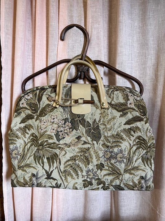 Vintage weekendbag i tyg med växter