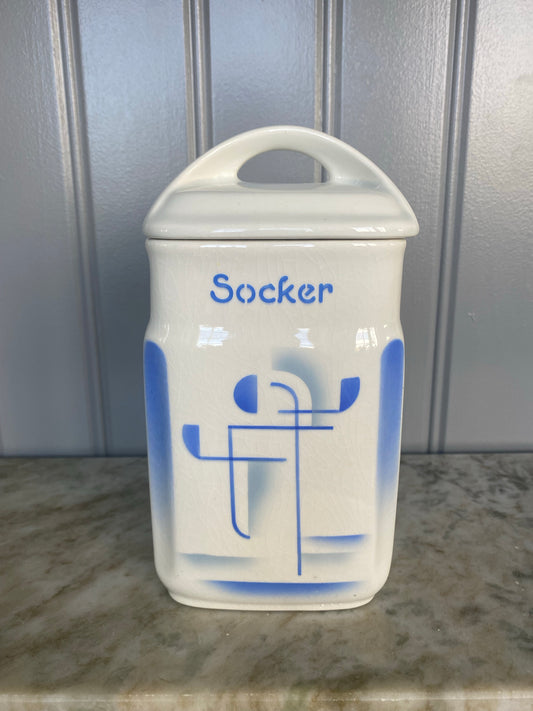 Blåvit porslinsburk ~ SOCKER