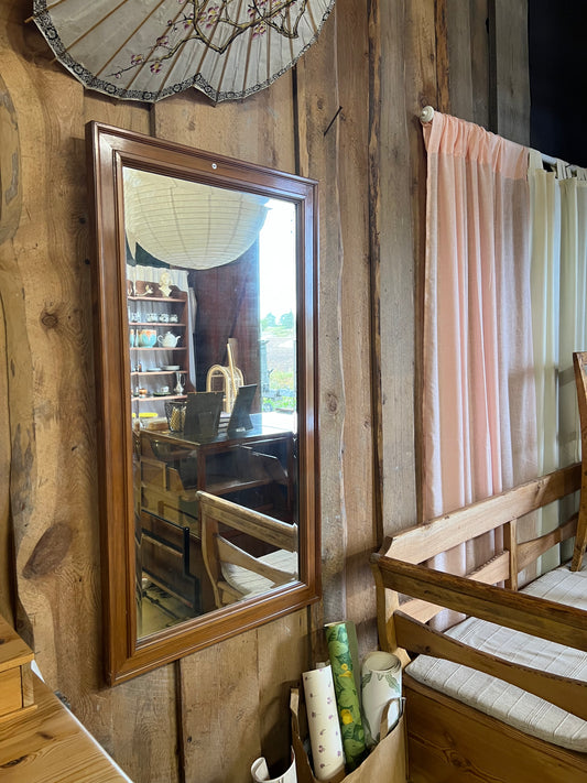 Spegel med fasad kant och mörkbrun gedigen träram