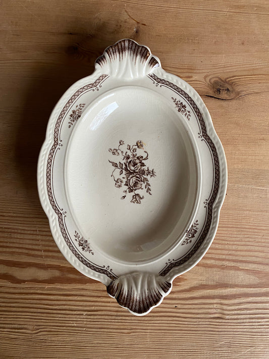 Brunvitt uppläggningsfat med blomstermönster - Anglo Gefle Sweden